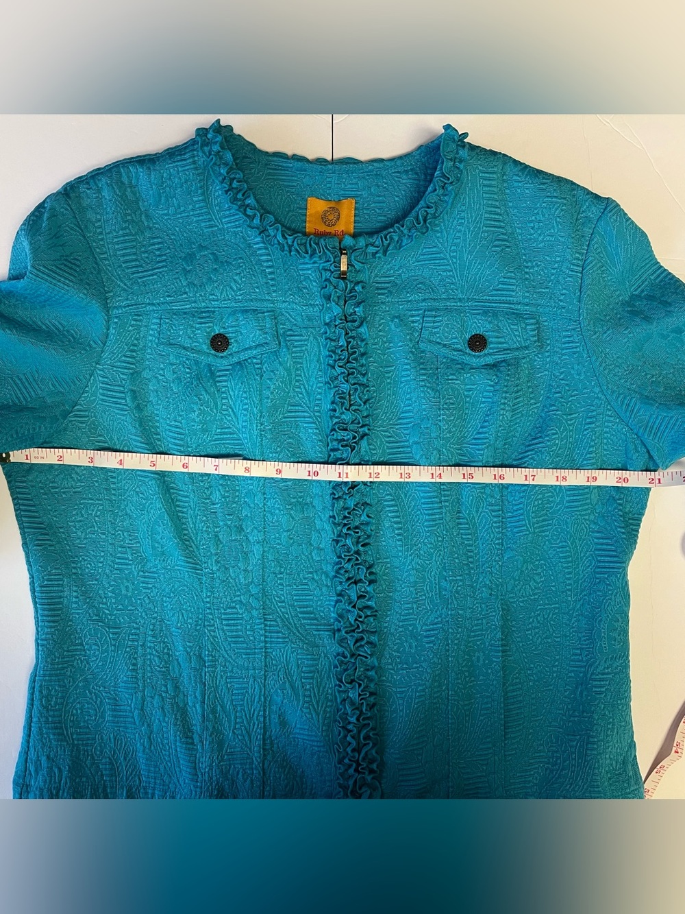 Ruby Rd. Turquoise Ruffle-Trim Blazer Jacket Zipper Size 14 - Picture 9 of 10